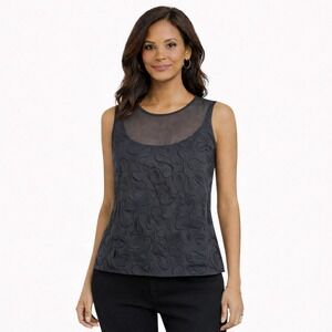 Behnaz‎ Sarafpour Size 8 Black Silk Sheer Neckline Textured Tank Top